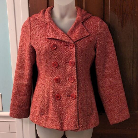 Mudd Red + White Hooded Double Breasted Wool Blend Peacoat - Picture 1 of 15